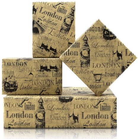 Geschenkpapier 4 Blätter,London Big Ben Geschenkpapier Kraftpapier 20x28 Zoll, Retro Reise Zeitung Gift Wrapping Paper für Kindergeburtstag Hochzeit Brautduschen Jubiläum DIY Handwerk