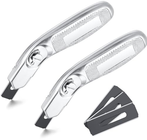 Lasnten 2 Pieces 6 Blades Utility Carpet Knife Cutting Heavy Duty Carpet Knife Cutter Tools with Blades Razor Blade Knives with Protective Cap for Box Cutter Roofing Purpose, Aluminum (Silver)