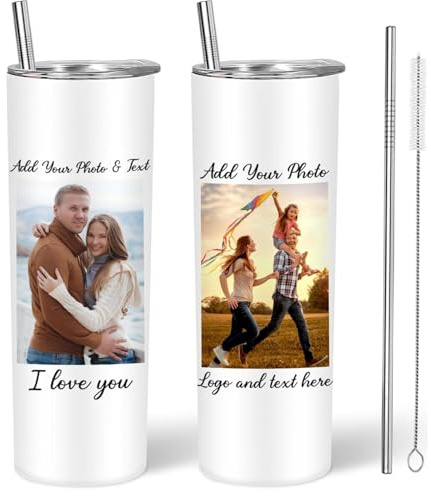 EKAM Personalised Coffee Tumbler with Picture & Text - Personalised Travel Coffee Mug, 20oz Stainless Steel Tumbler Cup with Straw and Lid, Custom Cup Gift for Christmas Day, Birthday, Any Occasion