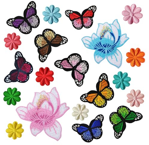 20 Stück Bügelflicken Schmetterlinge und Blumen, Stickerei Flicken zum Aufbügeln, Kleidung Reparieren Bügelflicken Kinder Erwachsene, Aufnäher zum Aufbügeln für DIY-Taschen, Kleidung, Hüte