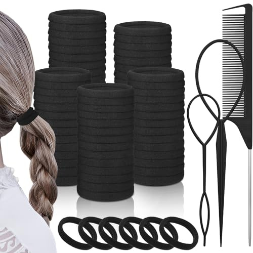 100 Stück Haargummis Mädchen,4.3cm Große Schwarz Seamless Weich Elastisch Haargummis Damen with Stielkamm für Mädchen,Damen Haar(Schwarz)