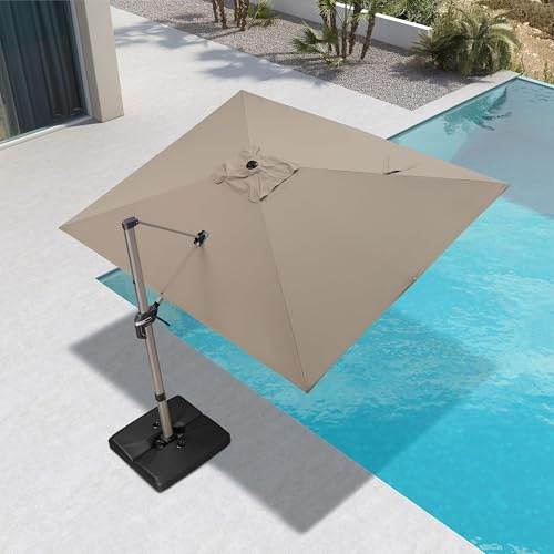 PURPLE LEAF Parasol de Jardin Exterieur 2,7 x 3,5 m Taupe Aluminium UPF 50+ | Structure triangulaire pour une stabilité renforcée, Avec base en croix, Mât couleur champagne, Rotatif 360°, Professionnel