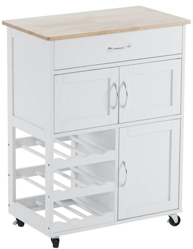 Bonnlo Küchenwagen mit Rollen, Kücheninsel, Servierwagen mit Schublade und Flaschenablagen, Küchenschrank Arbeitsplatte aus Holz, weiß,67x38x87cm