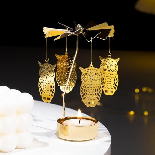Toptime Teelichthalter Karussell, Goldener Drehbarer Kerzenhalter mit Eulenmuster für Tischdeko, Metall Teelicht für Wohnzimmer Deko, Kerzenhalter für Weihnachten, Geburtstag, Hochzeit, Partydeko