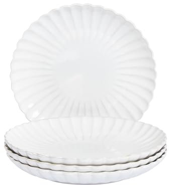 Conjunto de 4 platos llanos grandes de gres caolín para postres artesanal acabado esmalte reactivo blanco Nettle