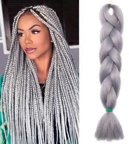 Benehair Strähnen für afrikanische Zöpfe, 60 cm, zum Hinzufügen von Haar, Jumbo-Zöpfe, synthetische Strähnen, lang, Easy Braids für Häkeln, Twist, Flechten (Grau, 100 g)