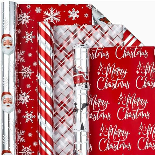 Wikadlik Geschenkpapierrolle, 3 Mini-Rollen Folie Rot Silber Geschenkverpackungspapier, Weihnachtsmann/Schlitten/Streifen-Design – 43,5 cm x 3 m pro Rolle