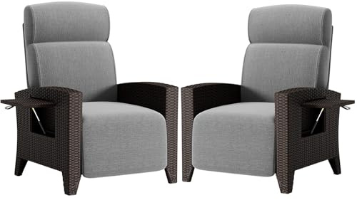 CYHWQ Gartensessel Rattan, Loungesessel Outdoor, Winkel Verstellbar 160°, Integrierter Beistelltisch, Rattansessel mit Abnehmbaren Kissen, Geeignet füR Garten, Pool, Balkon (Grau, Links+Rechts)