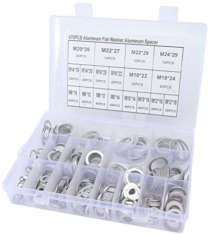 470pcs Kit di Assortimento di Assortimento Rondella Piatta Rotonda in Lega Alluminio per Uso Automobilistico, Idraulico e Industriale con Scatola Archiviazione Portatile