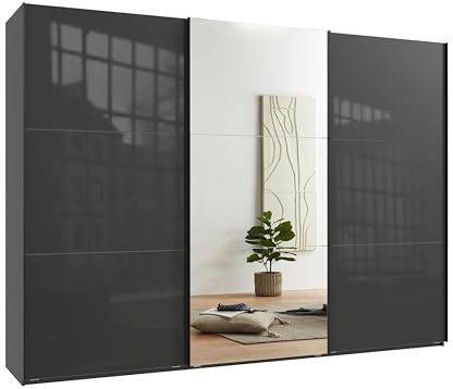 luma-Home 22041/ Schwebetürenschrank 3-türig, Glasfront Anthrazit,1xSpiegel | B300/H216/T65 cm,Kleiderschrank inkl.Selbsteinzug,Griffleisten schwarz,Einlegeböden, Kleiderstangen,Schubladen,Wäscheeinteil.