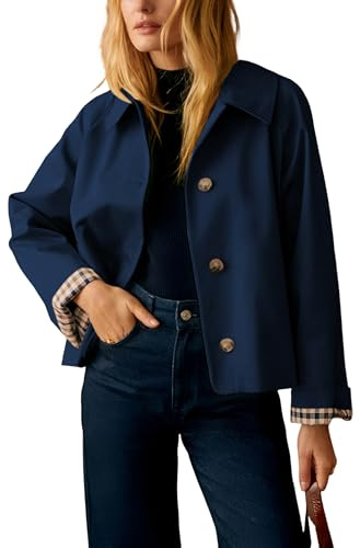 Dqbeng Trench court pour femme - Col classique - Vestes décontractées surdimensionnées avec doublure à carreaux