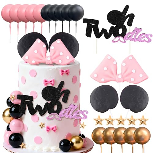 Mouse Cake Topper Oh Twodles Pink Bow Ears Cake Decorations | for Girl Birthday Baby Shower Party Supplies