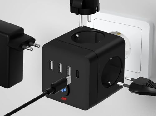 Regleta, Cubo Enchufe 7 en 1, 3 USB A, 1 USB C, 4 Tomas de Corriente de estándar Europeo. Ladron Enchufes (Negro)