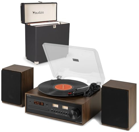 Audizio Boston Record Player with Speakers, CD Player, DAB+ Radio, Bluetooth Wireless Streaming & Vinyl Storage Carry Case – Complete Home Music System Bundle