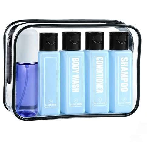 GearTrust 100ml Travel Bottles for Toiletries, Clear Cabin Bag 5-Pack | Clear 100ml travel bottles for cabin bag. Leakproof empty squeeze & spray containers for airport security toiletries.