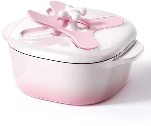 Stackbear 4,7L emaillierter Gusseisen-Bräter mit Deckel – Hohe Haltbarkeit & Ofensicher – Robustes Kochgeschirr perfekt zum Brotbacken, Eintöpfe, Schmoren & Braten – Creme Pink Weiß