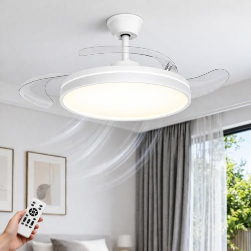 OUTON Ceiling Fan with Light and Remote, 42 Inch Retractable Ceiling Fan, 6 Speed DC Motor, Dimmable LED 3000K/4000K/6000K, 2H/4H Timer, Memory, Low Profile for Bedroom Living Room Kitchen, White