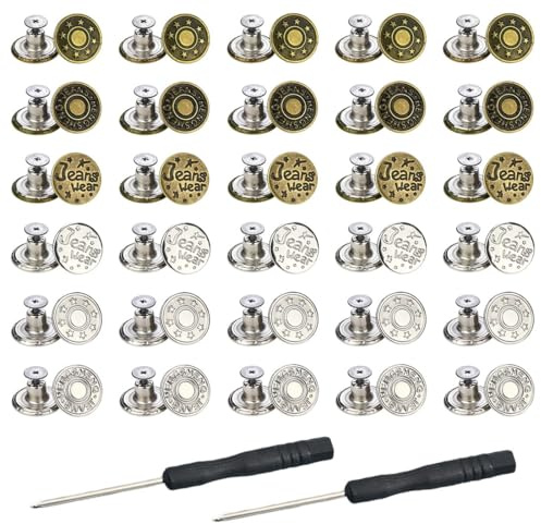 BDEPSTCR Botones, Juego de 60 Botones para Vaqueros,con Destornillador para Colocarlos en Jeans, Pantalones, Chaquetas y Más (17 mm)