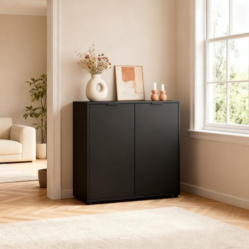 pamo Kommode mit Türen Sideboard Schwarz – 92 x 88 cm | Aufbewahrungsschrank mit Soft-Close & 2 Regalböden – Schlafzimmer Flur Wohnzimmer