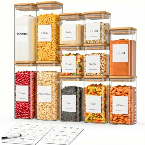 KEMDH 12er Vorratsgläser Luftdichte Glasbehälter mit Deckell, Vorratsdosen 500/800/1000 ml, Vorratsdosen, Mehl, Zucker, Müsli, Backzutaten, Küchenregal (Bambusfarben, 800ml/1000ml/1200mlx4)