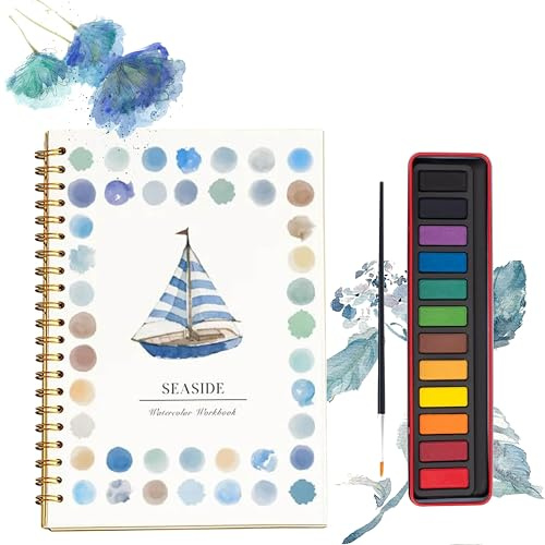 ALISMDZZ|Aquarell Malbuch für Anfänger & Kinder – Inkl. 12 Farben & Mischtanleitung auf extra dickem Papier | Perfekt gegen Durchdrücken | für kreative Erkundung, Geschenk, Teenager (Boats, 1)