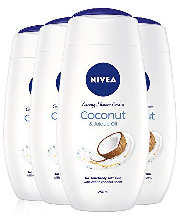 NIVEA Shower Cream Gel, Indulgent Moisture Coconut, Pack of 4 (4 x 250ml), Moisturising Shower Gel with Bamboo Milk, Luxurious Body Wash for Women, Body Wash with Argan Oil