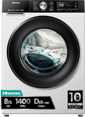 Hisense WD3S8043BW1 - Lavadora Secadora 8 Kg Lavado, 5 Kg Secado, Clase A-30%/D, 1400 RPM, función Vapor, Conectividad WiFi, Fondo 51cm, Color Blanco