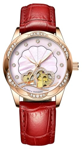 RORIOS Damen Uhren Automatikuhr Mechanische Uhr Wasserdicht Leuchtend Uhr mit Leder Armband Elegant Diamant Armbanduhr Pink