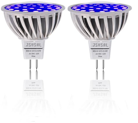 JSVSAL Dimmable LED Black Lights Bulb 6W Blacklight MR16 GU5.3 Bi-Pin, AC/DC12V, UVA Level 395-400nm, Glow in The Dark for Blacklights Party, Body Paint, Fluorescent Poster (2-Pack)