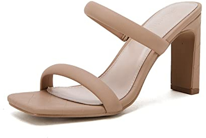 Coutgo Womens Heels Sandals Open Square Toe Two Strap Chunky High Heel Mule Sandal Comfortable Summer Dressy Shoes