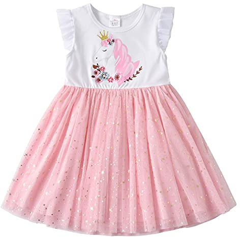 VIKITA Vestido Patrón de Mariposa Unicornio Algodón Tulle Tutu Manga Corta Niñas Sh4785 5-6años=116cm
