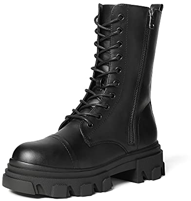 DREAM PAIRS Botas de combate para mujer, con cordones, a media pantorrilla, tacón bajo, plataforma gruesa, suela de lengüeta