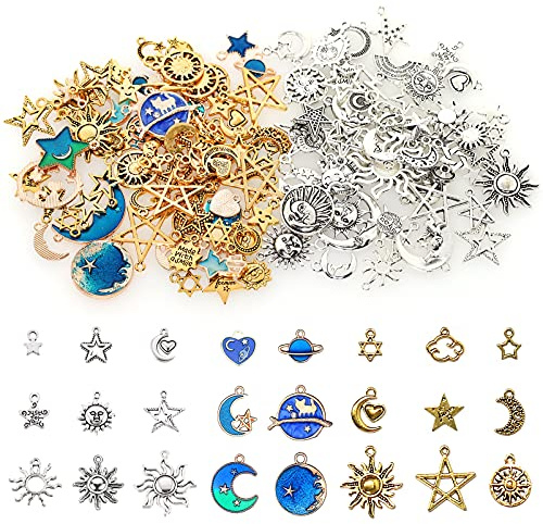 BetterJonny 130pcs Jewelry Charms, Star Moon and Sun Charms Pendant Fitting Enamel Charms for Jewelry Making Gold Silver and Blue…