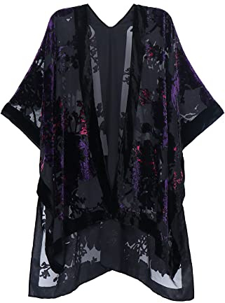 MJ SERECA Women's Burnout Velvet Kimono Long Cardigan Cover Up Casual Outfit (Black/Purple)…