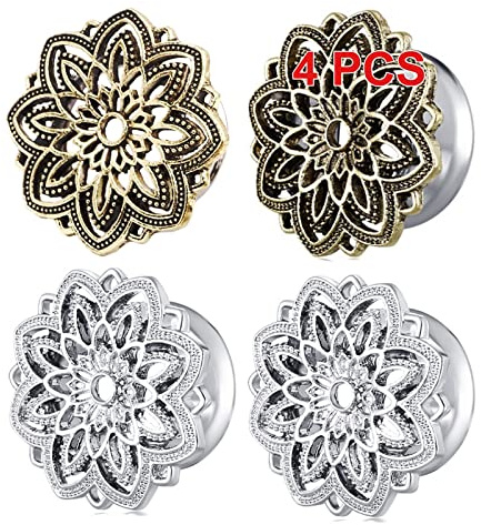 Wycian Flesh tunnel, tunnel set öronproppar tunnel vintage blomma rostfritt stål stretchstång guld silver 4 st, 6–12 mm, 10mm, Ingen ädelsten