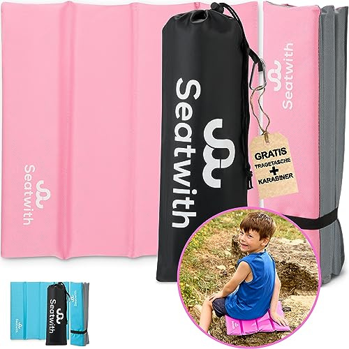 Faltbares Sitzkissen Outdoor für Kinder Warm und Trocken 35x35 cm Rosa | Mit Tragetasche und Karabiner für Kinder-Rucksäcke, isoliert bei Ausflügen vor Kälte, Nässe und Schmutz