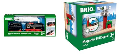 BRIO World 33884 Batterie-Dampflok mit Wassertank & World 33754 Magnetisches Glockensignal - Eisenbahnzubehör Holzeisenbahn - Kleinkinderspielzeug empfohlen für Kinder ab 3 Jahren