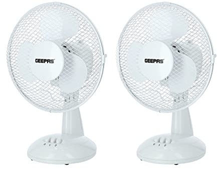 GEEPAS 9-Inch Table Fan - 25W Electric Portable Desktop Cooling Fan for Desk Home or Office Use - 2 Speed Settings with Oscillating/Rotating and Static Feature - 2 Year Warranty, Pack of 2