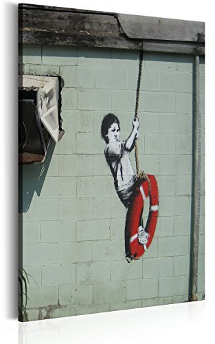 B&D XXL - Akustikbild Banksy Boy on Life Preserver Swing Bilder Akustikschaum Hochleistungsschallabsorber Schallschutz Leinwand 1 tlg Wandbild Raumakustik Schalldämmung i-C-0040-b-a