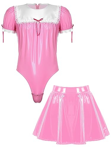 Agoky Herren Sissy Dessous Set Sexy Wetlook Dienstmädchen Body und Lack Leder Rock Crossdresser Cosplay Halloween Mottoparty Outfits Rosa L