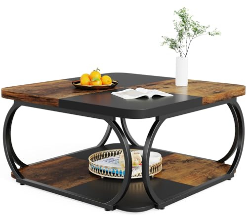 LITTLE TREE 40 inch Coffee Table with Storage Shelf, 2-Tier Low Square Coffee Table with Farmhouse Wood Tabletop Heavy Duty Metal Curved Frame for Living Room, Black Rustic Brown