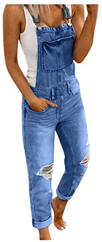 Jeans hängselbyxor dam med hål – hängselbyxor dam jean lång tajt, stretch byxor denim raka ben jeans overall haklapp jumpsuits strumpbyxor hängslen jeansbyxor overaller fickor playsuit, Mörkblå, L
