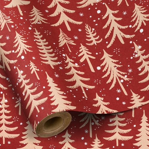 RUSPEPA Weihnachts-Geschenkpapierrolle aus Kraftpapier – 43,2 cm x 10 m – rotes Weihnachtsbaum-Design für Weihnachtsgeschenkverpackungen