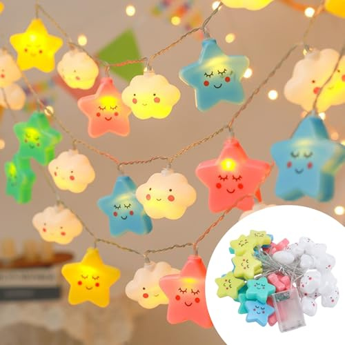 WIYETY 20 LED 3 m Lichterkette Mit Farbigen Sternen Und Wolken - Kinderzimmer Deko, Wolkenform Dekoration, Dekorative Lichter für Fenster, Party, Hochzeit