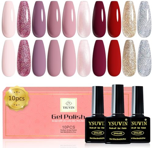 YSUVIN 10 färger nagellack nude rosa brungrå röd glitter roséguld silver vinter gel soak-off för nybörjare gör-det-själv nagelkonst manikyr grön hållbar