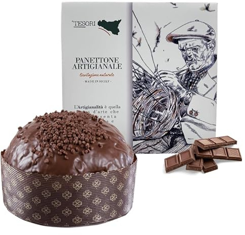 Panettone Artigianale Siciliano al Cioccolato 1Kg, Tesori di Sicilia scatola  Ù Nonno Pino per Panettoni Artigianali