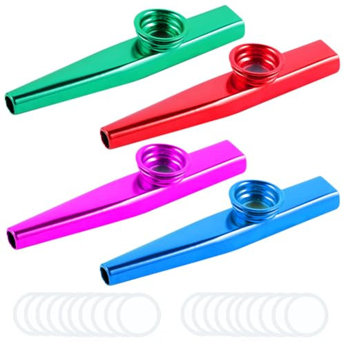 Lot de 4 Kazoo de Musique Instrument en Métal,Mini Kazoo en Alliage d'Aluminium avec 20 Membranes de Flûte,Kazoo Instrument pour Cadeaux de Fête D'enfants,Débutants,Adultes, Enfants