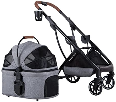 Kattvagn Hopfällbar flera hundvagnar Barnvagnar for små hundar med mugghållare, Kattvagn Hundvagn Buggy Avtagbara husdjursvagnar for små och medelstora hundar(Dark Grey)