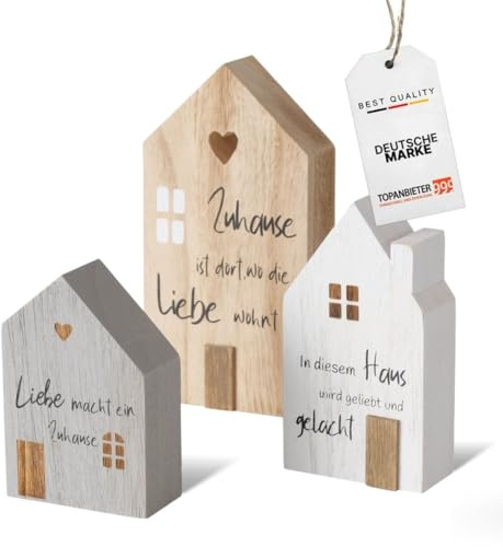 Dekoaufsteller Holz 3er Set – Moderne Wohnaccessoires mit liebenvollen Sprüchen– Hochwertige Holzdeko - Stilvolle Deko-Häuser aus Blauglockenbaum-Holz, bemalt in grau, weiß und Natur