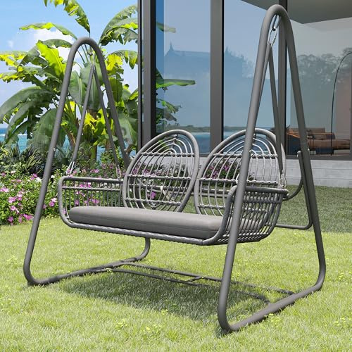 Hollywoodschaukel, Gartenschaukel für Erwachsene mit Rückenlehne, Gartenmöbel-Set für den Außenbereich,Doppelschaukel aus PE-Rattan, 2 Sitze, 141 * 109 * 143 cm (Gray)